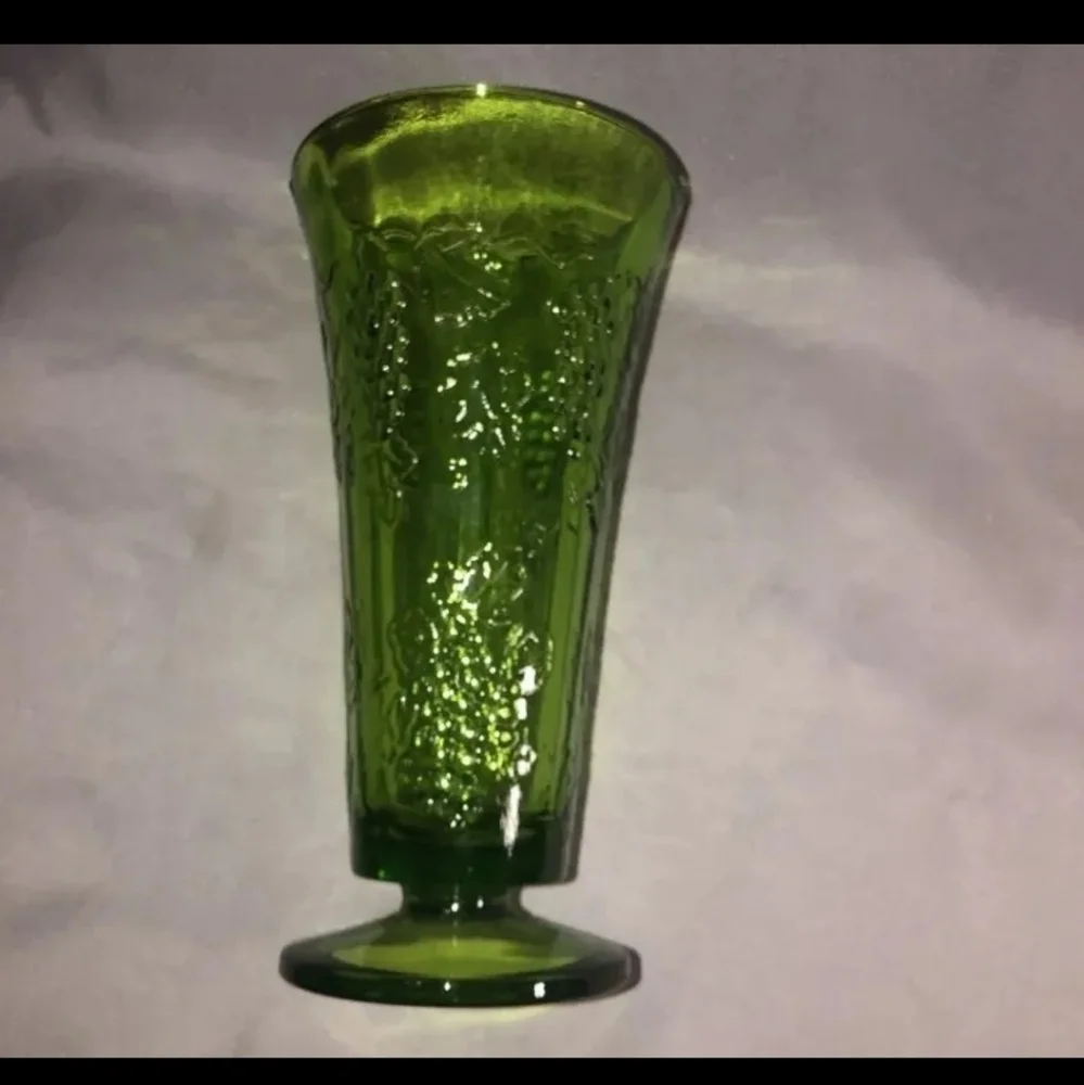 Vintage Indiana Glass Green Tall Vase with Raised Grape Pattern